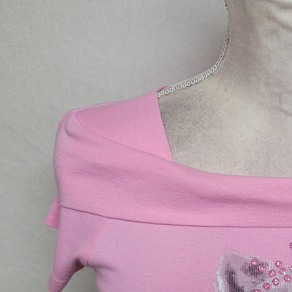 L.A. Movers Pink Rhinestone Yorkie Cowl Shoulder Cap Sleeve Cropped Babydoll Tee - Picture 5 of 12